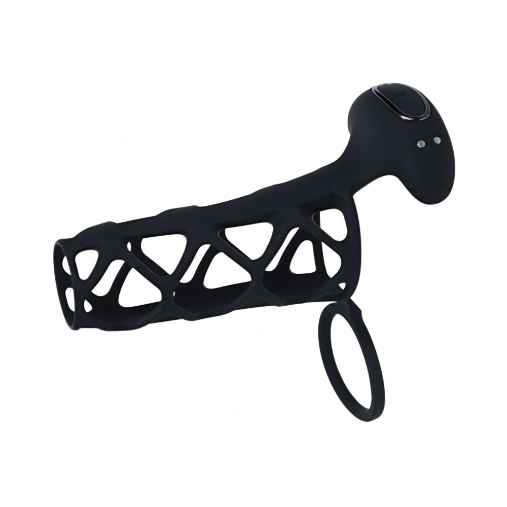 LEVELZ Vibrating Cage Silicone Cock Sleeve & Ball Ring Black Black LEVELZ lattice cage sleeve with oval base loop