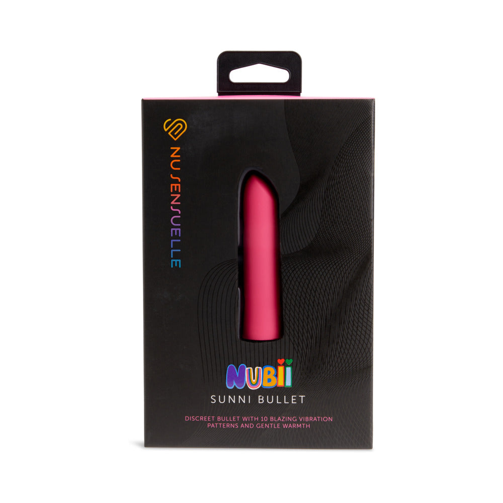 Nu Sensuelle Sunni Nubii Warming Bullet Pink pink Sunni Nubii warming bullet displayed upright in black window package