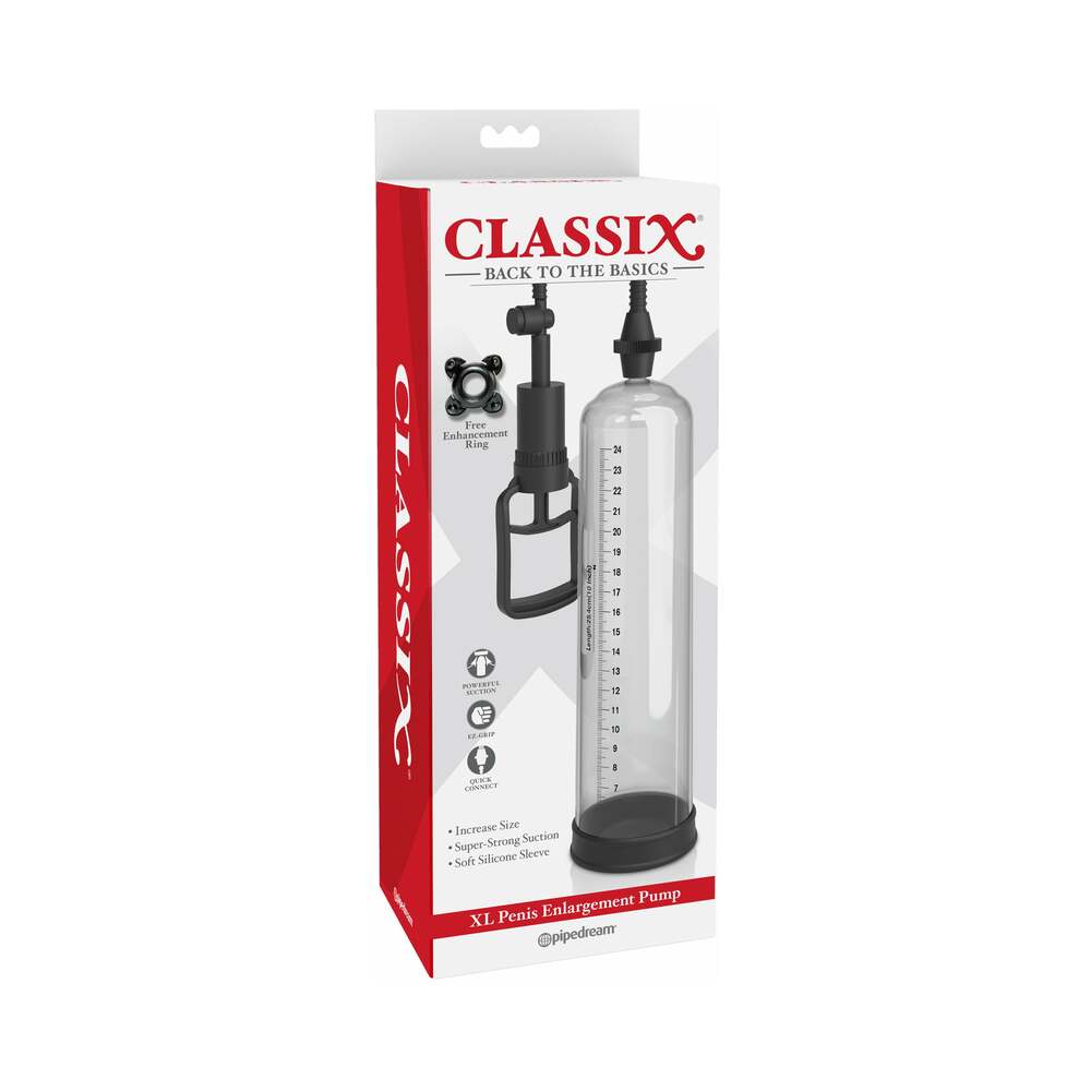 Classix XL Penis Enlargement Pump Clear/Black Pipedream Classix XL clear cylinder pump kit in red and white retail box