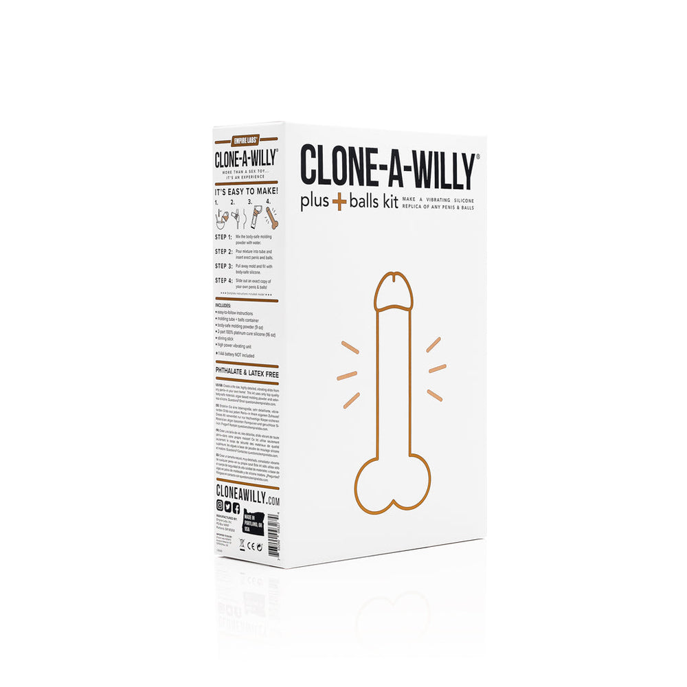 Clone-A-Willy Plus with Balls Light Skin Tone Clone-A-Willy Plus with Balls Casting Kit tall white box with tan product outline
