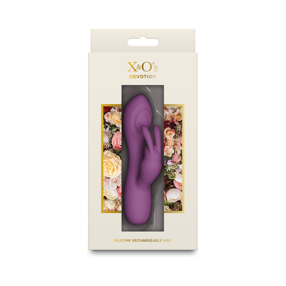 X & O''s Devotion Purple X&O's Devotion purple silicone rechargeable vibrator inside the cream floral retail box