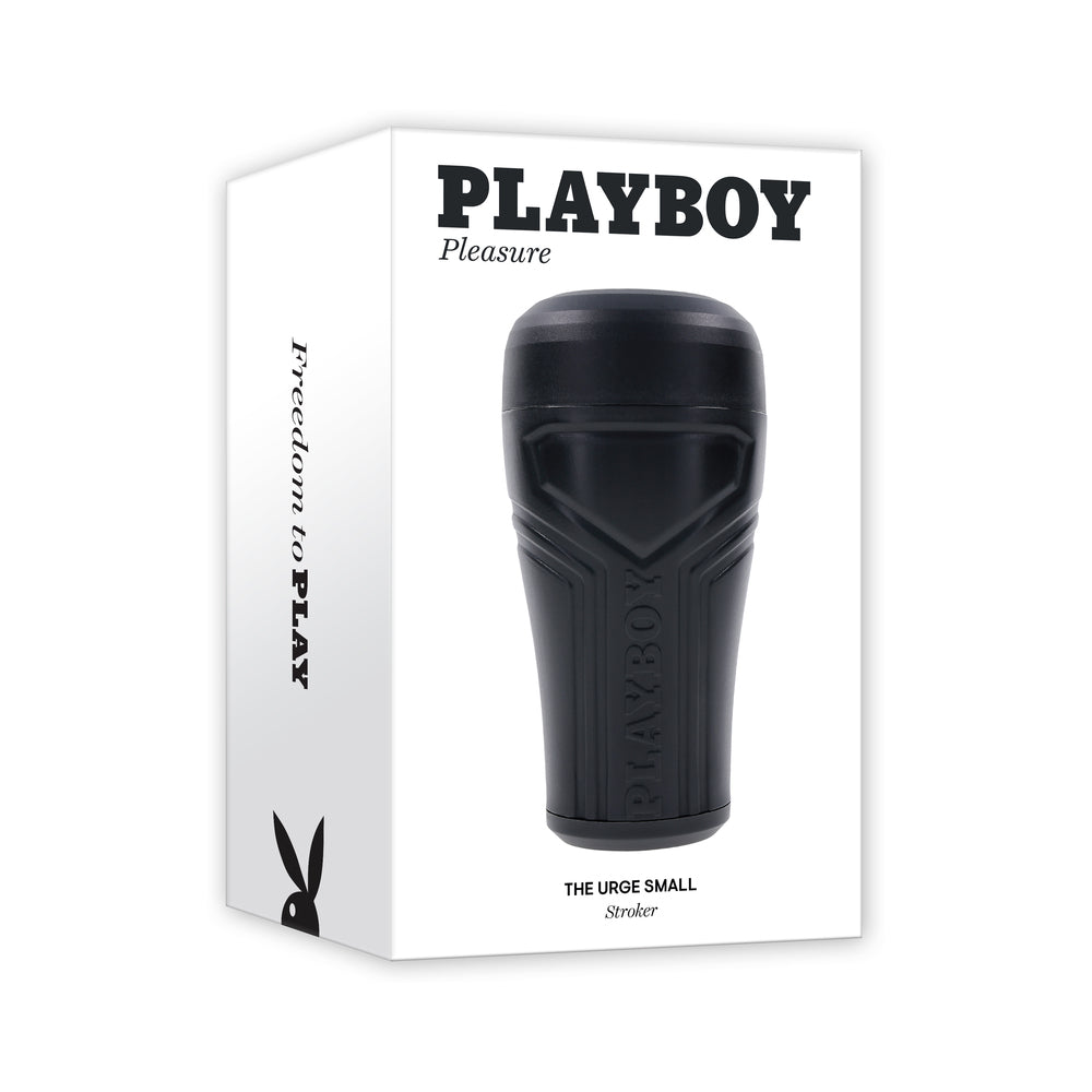 Playboy The Urge Small Stroker Non Vibrating TPE Black Playboy The Urge Small black canister stroker pictured on white box