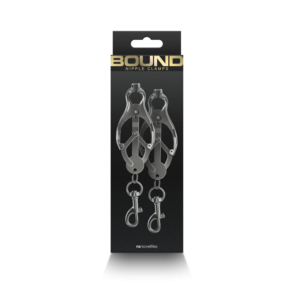 Bound Nipple Clamps C3 Gunmetal NS Novelties Bound C3 gunmetal cage nipple clamps front retail package