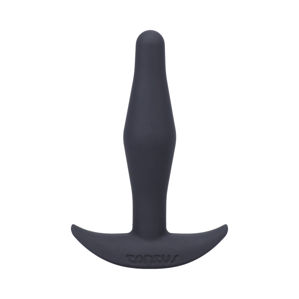 Tantus Little Flirt Plug Onyx (Bag) Tantus Little Flirt Onyx black plug front view of tapered body and curved base
