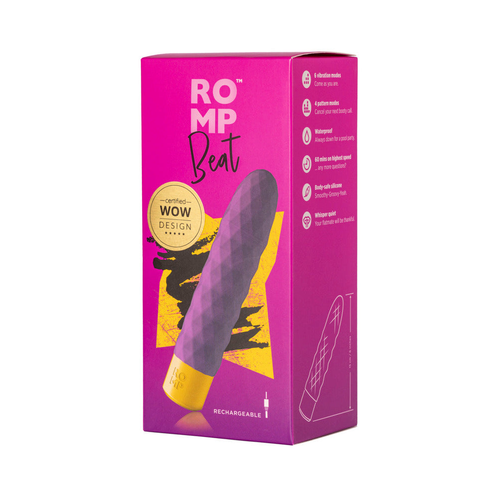 ROMP Beat Rechargeable Silicone Bullet Vibrator Light Purple ROMP Beat purple bullet vibrator pictured on pink retail box