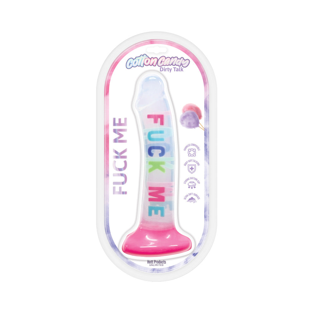 Cotton Candy Dirty Talk Fuck Me 8 in. Silicone Dildo Pink Cotton Candy Fuck Me silicone dildo in clear oval case