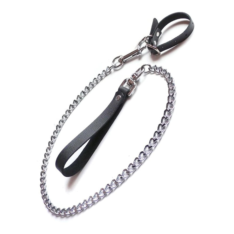 Kinklab Buckling Cock Ring and Chain Leash Set Black Kinklab buckle ring with silver chain and loop leash