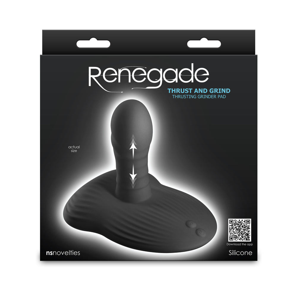Renegade Thrust & Grind Rechargeable Thrusting Grinder Pad Black Black Renegade Thrust and Grind ribbed pad with short shaft on retail box