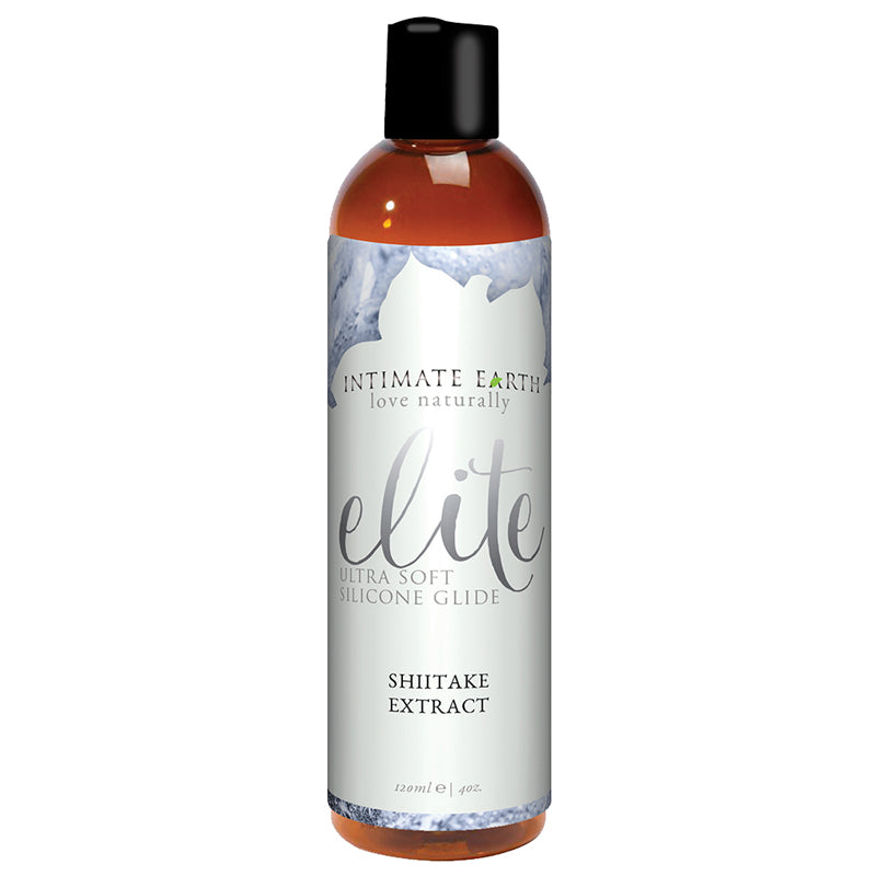 Intimate Earth Elite Shiitake Silicone 120 ml/4 oz Intimate Earth Elite Shiitake Glide tall amber bottle with silver shiitake label and black cap