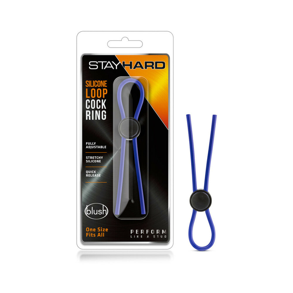 Stay Hard Silicone Loop Lasso/Bolo Cockring Blue Blue Stay Hard adjustable lasso ring beside its clear hanging package