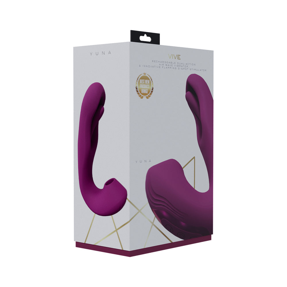VIVE YUNA Rechargeable Dual Motor Airwave Vibrator with G-Spot Flapping Stimulator Pink pink VIVE YUNA curved vibrator pictured on white retail box