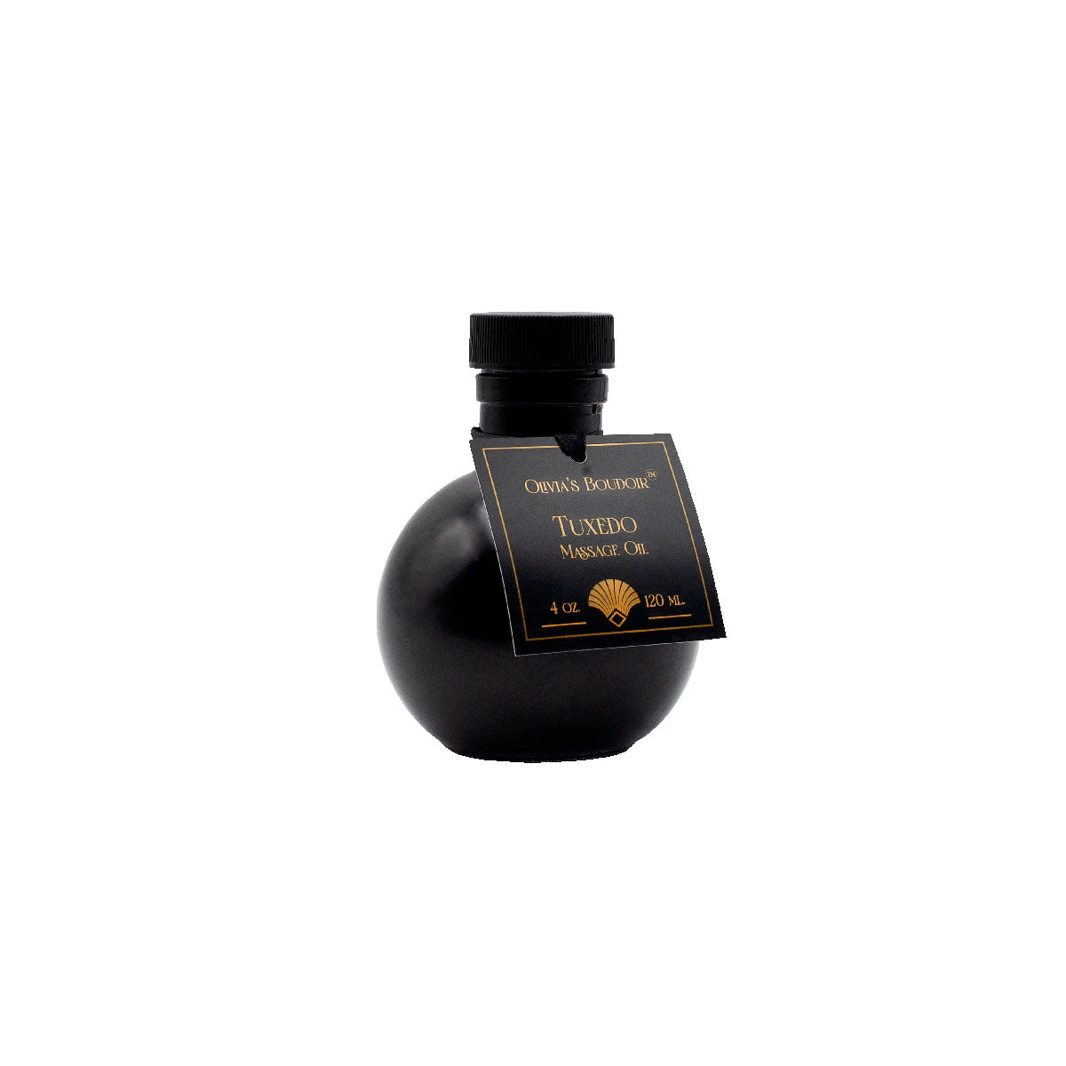 Olivia''s Boudoir Massage Oil Tuxedo 4 oz. round black 4 oz bottle of Olivia's Boudoir Tuxedo massage oil