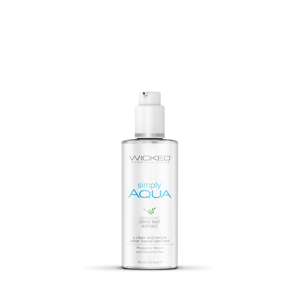 Wicked Simply Aqua Water-Based Lubricant 2.3 oz. Front view of Wicked Simply Aqua 2.3-ounce pump bottle