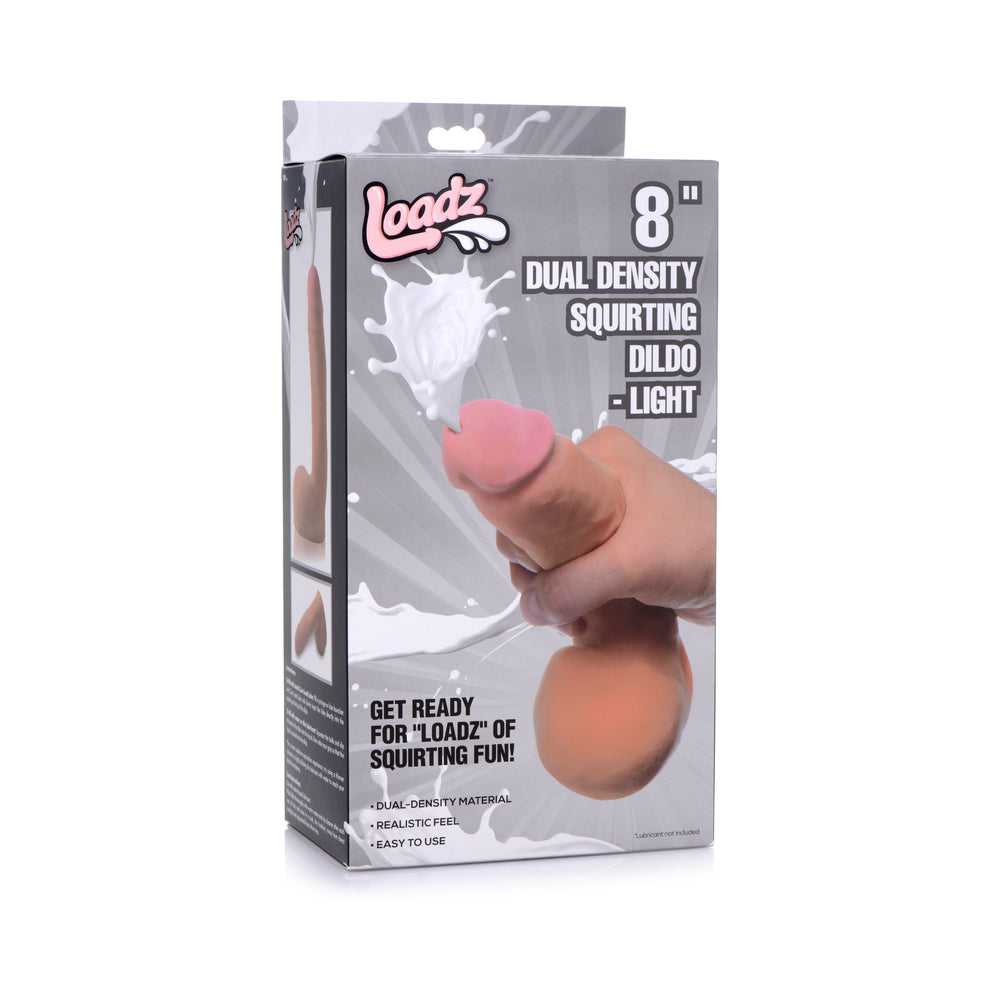 Loadz 8 in. Dual Density Squirting Dildo Light light brown Loadz eight-inch dual-density squirting dildo pictured on gray box