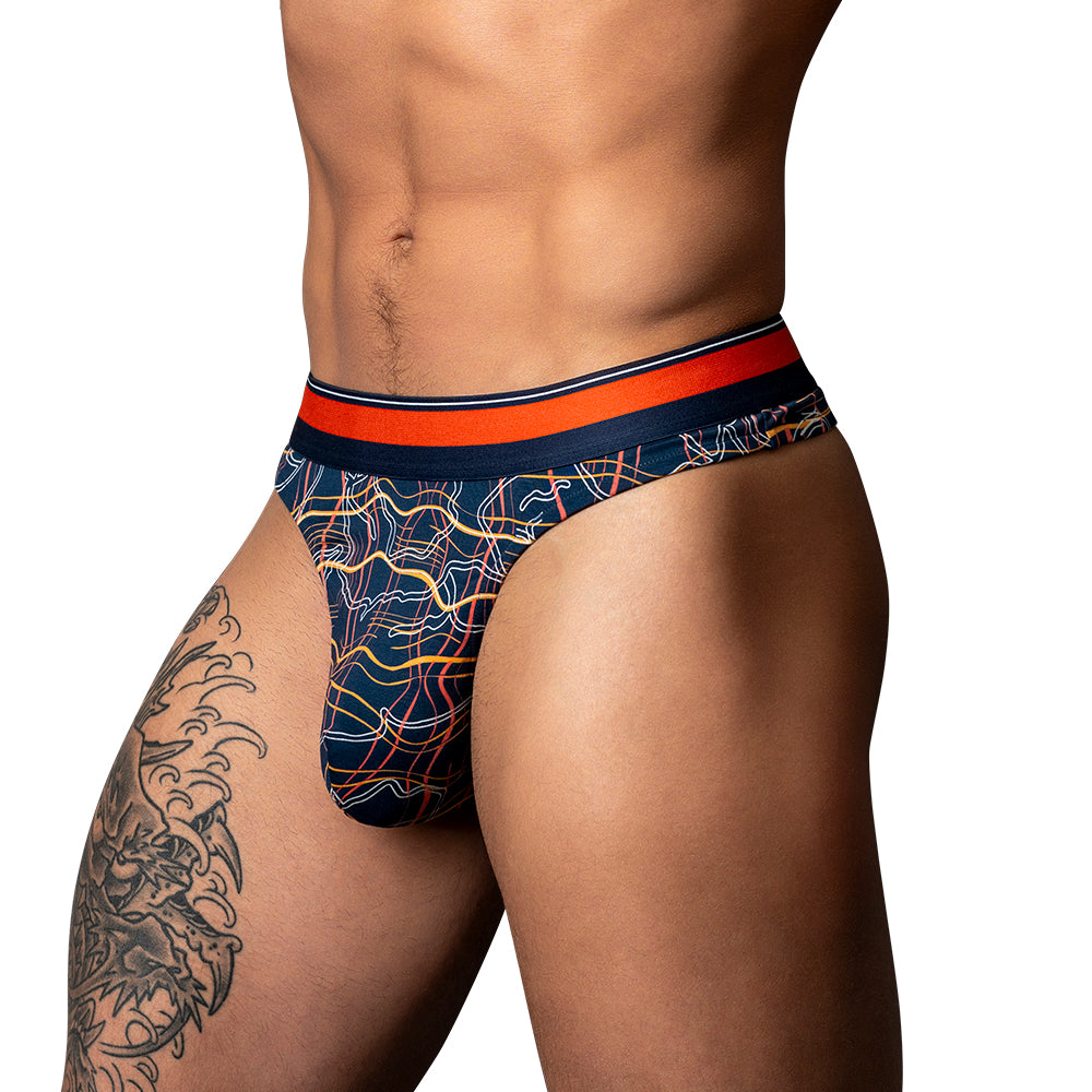 Male Power Soo Cumfy Thong Navy/Orange S/M Male Power Soo Cumfy S/M navy and orange thong front view worn by model