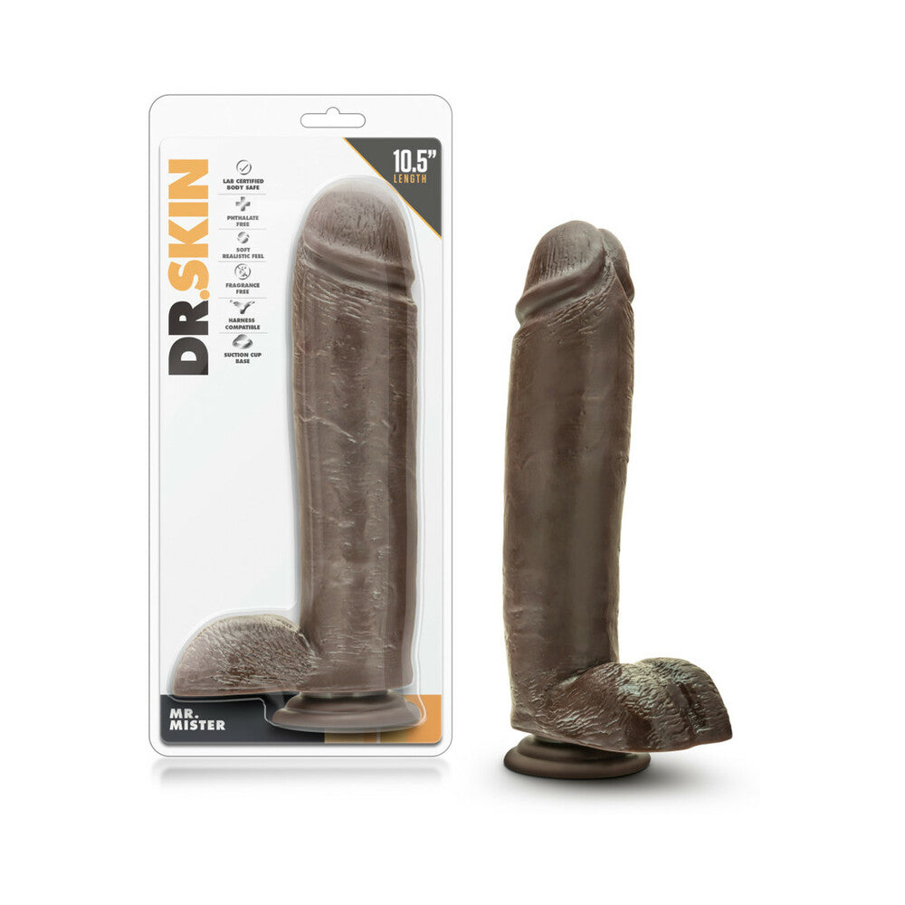 Dr. Skin Mr. Mister Realistic 10.5 in. Dildo with Balls Brown Dr. Skin Mr. Mister Brown 10.5 Inch Dildo beside clear retail package