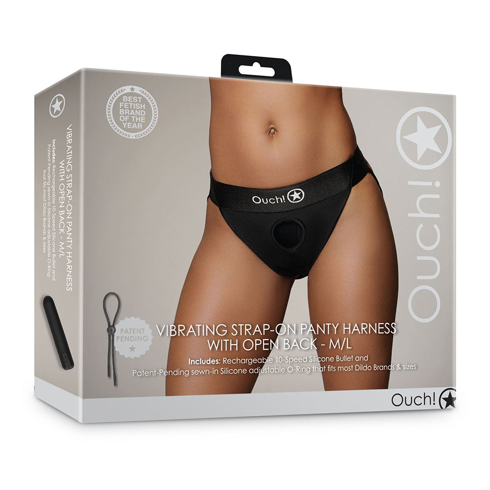 Ouch! Vibrating Strap-on Panty Harness with Open Back Black M/L Shots Ouch black M/L open-back vibrating strap-on panty harness front retail box