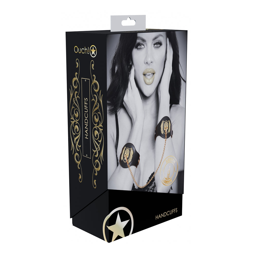 Ouch! International London Collection Handcuffs black London handcuffs with gold embroidered panels and chain on box