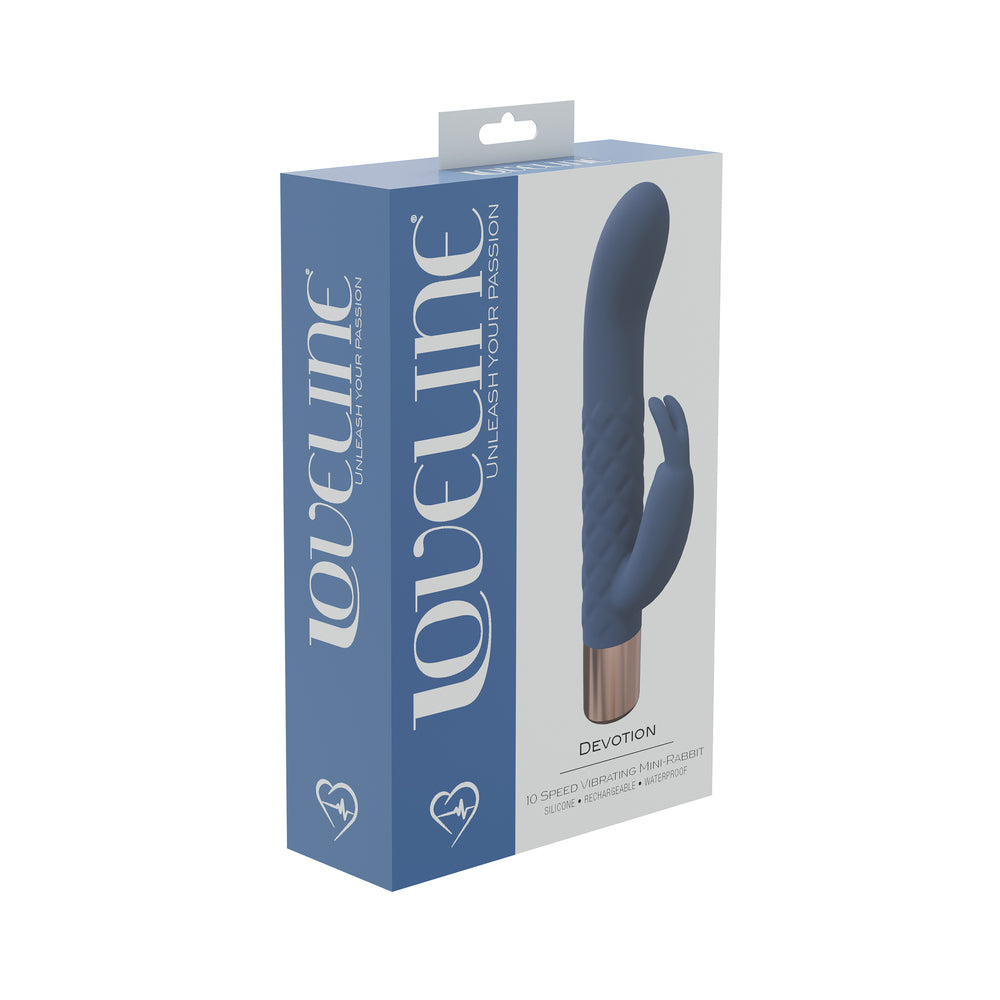 LoveLine Devotion 10 Speed Mini-Rabbit Silicone Rechargeable Waterproof Blue/Grey blue-gray LoveLine Devotion mini rabbit vibrator pictured on blue box