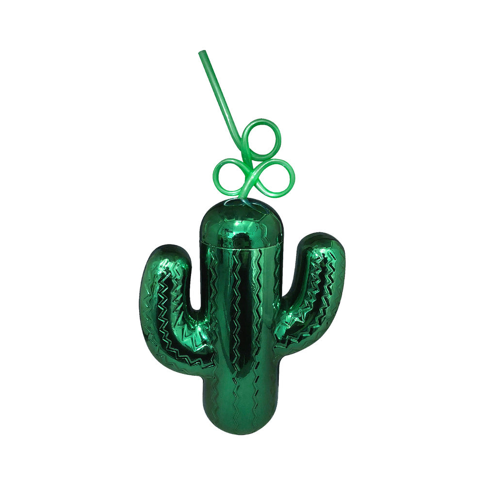 Cactus Cup Metallic metallic green cactus-shaped cup with screw-top lid and curly straw