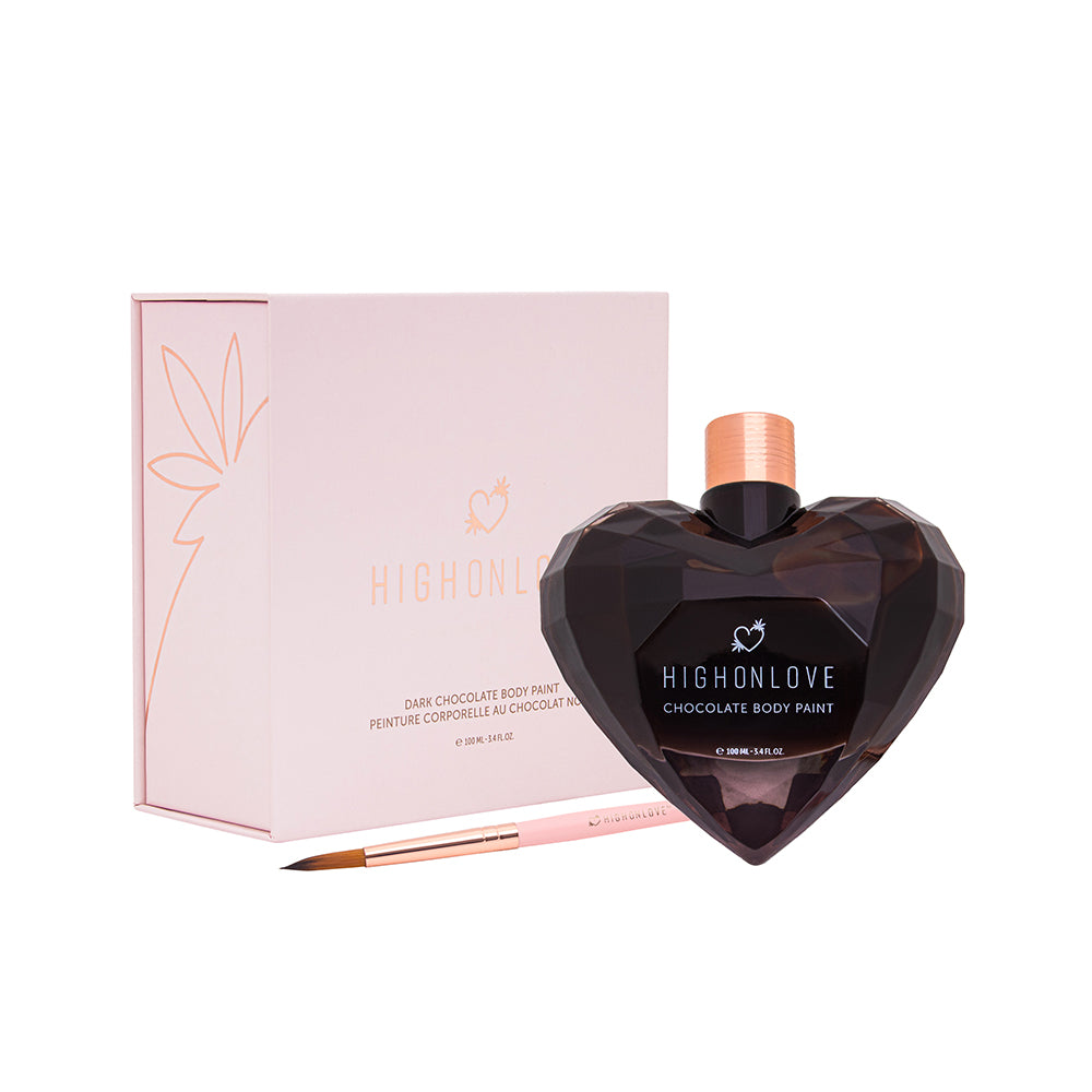 HighOnLove Dark Chocolate Body Paint dark heart-shaped HighOnLove Chocolate Body Paint bottle with pink box and brush