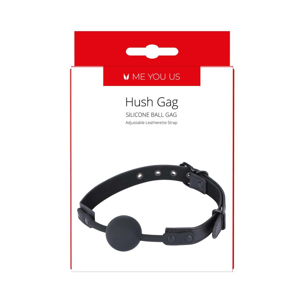 Me You Us Hush Gag black Me You Us Hush silicone ball gag with eyelet-adjustable leatherette strap on package