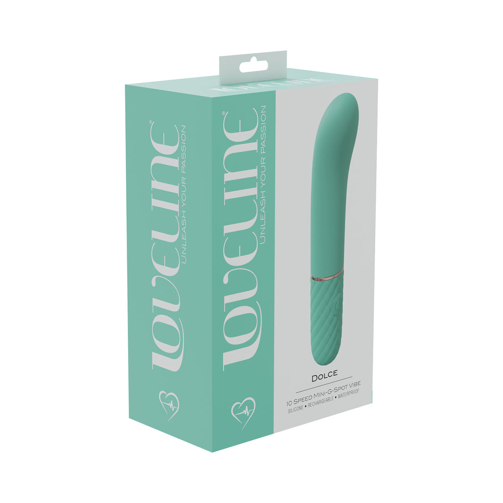 LoveLine Dolce 10 Speed Mini-G-Spot Vibe Silicone Rechargeable Waterproof Green green LoveLine Dolce curved-tip vibrator pictured on teal box