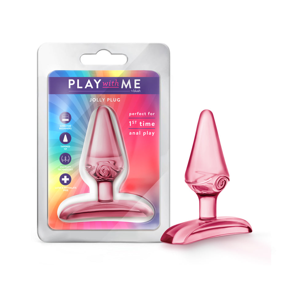 Play With Me Jolly Plug Pink Blush Play With Me Jolly pink tapered TPE plug beside front retail package