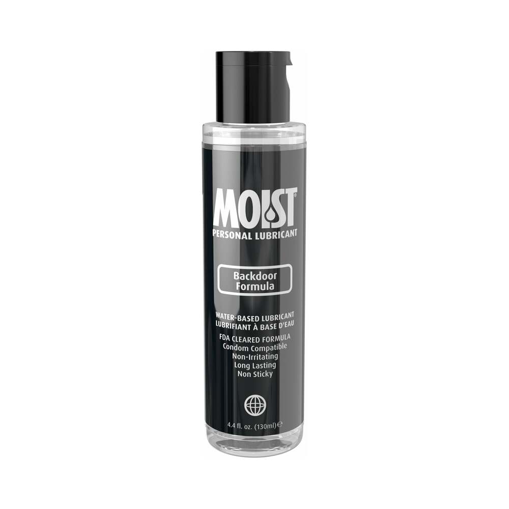 Moist Personal Lubricant Backdoor Formula 130 ml / 4.4 oz. Moist Backdoor Formula 4.4 oz clear lubricant pump bottle with black label