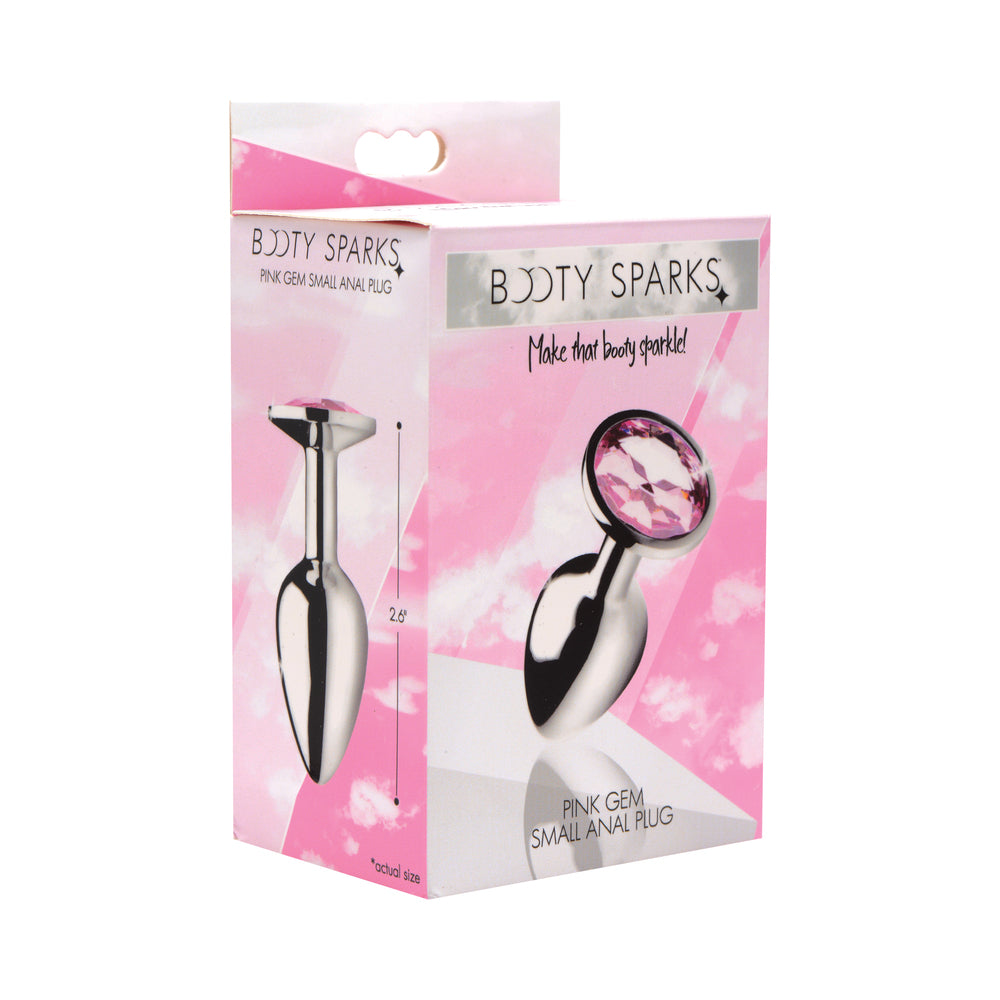 Booty Sparks Pink Gem Anal Plug Small small silver Booty Sparks anal plug with faceted pink gem base on box