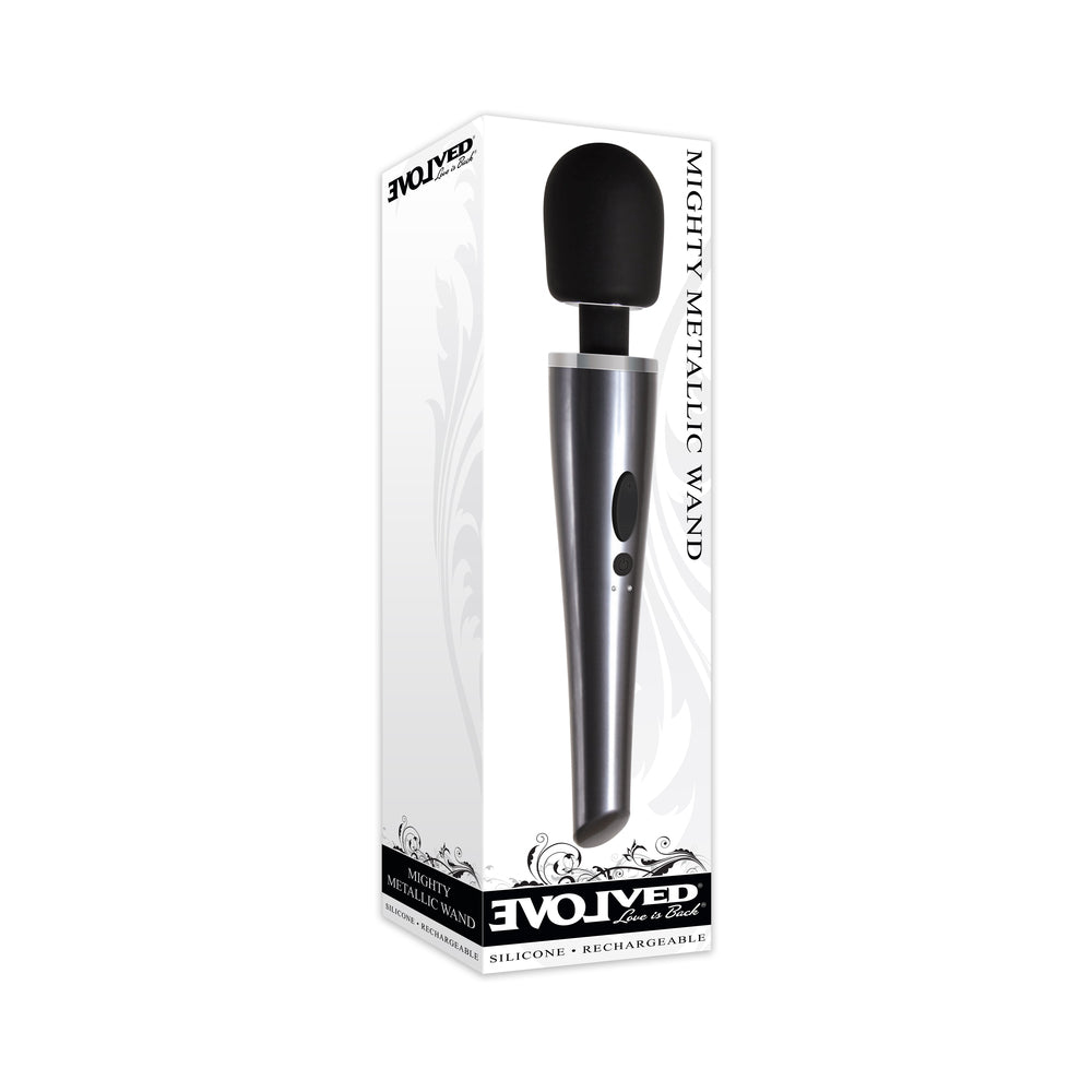 Evolved Mighty Metallic Wand Rechargeable Silicone Wand Vibrator Chrome/Black Evolved Mighty Metallic chrome-and-black wand white retail box with chrome handle and black oval head visible