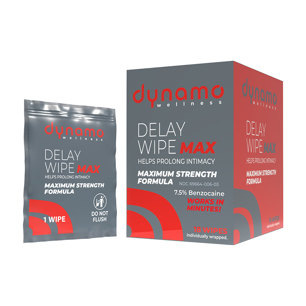 Dynamo Wellness Maximum Strength Delay Wipe 7.5% - 18 Pack Dynamo Wellness 7.5% benzocaine wipes 18-pack outer carton and single packet