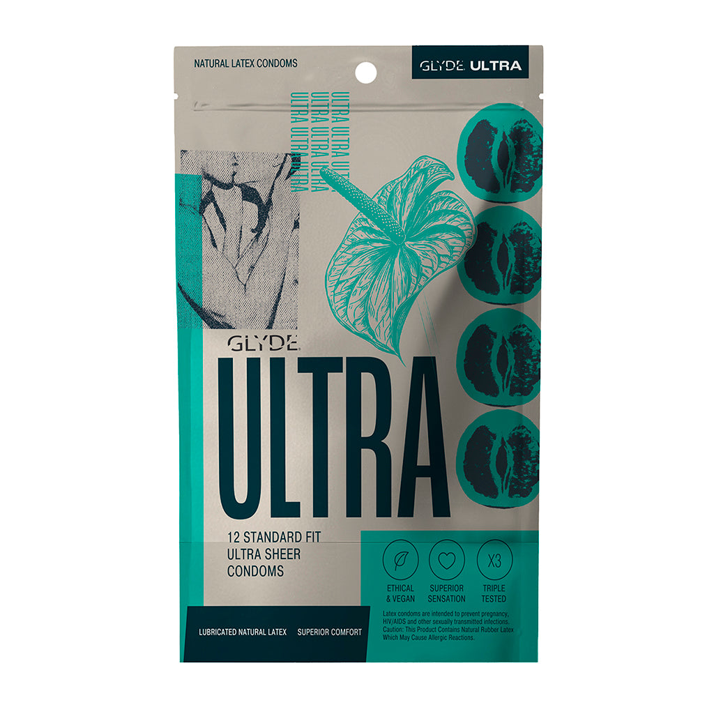 Glyde Ultra Standard Fit 12pk teal and white Glyde Ultra box containing twelve standard-fit latex condoms