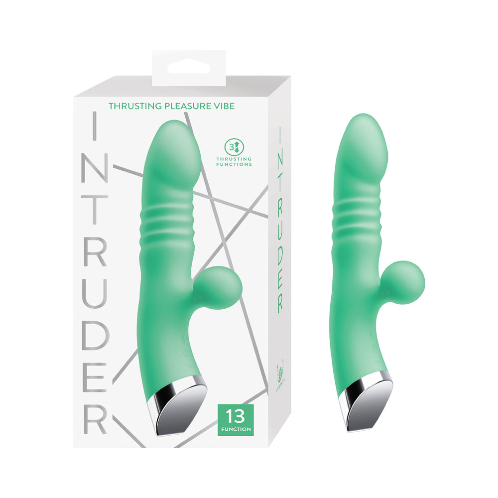 Intruder Thrusting Pleasure Vibe Mint Nasstoys Intruder mint Thrusting Vibrator beside retail box