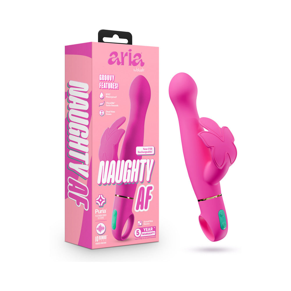 Aria Naughty AF 2.0 Rechargeable Vibe Plum Plum Aria Naughty AF 2.0 dual vibrator beside pink retail box