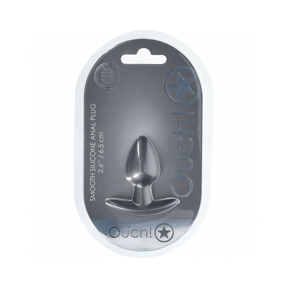 Ouch! Smooth Silicone Anal Plug Small 2.6 in. Gun Metal Shots Ouch gunmetal small silicone plug plug sealed in oval gray blister pack