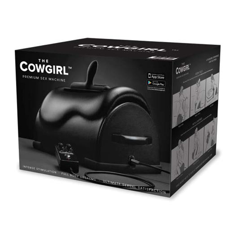 The Cowgirl Premium Riding Sex Machine The Cowgirl black riding machine rounded saddle-shaped body beside black retail box with side circular opening