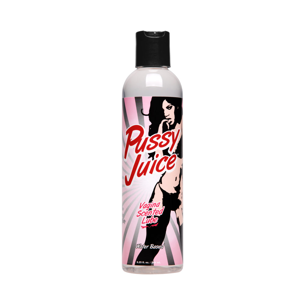 Pussy Juice Vagina Scented Water Based Lube 8.25 oz. clear 8.25 oz Pussy Juice water-based lubricant bottle with black cap and pink label