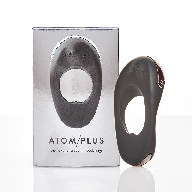Hot Octopuss Atom Plus Rechargeable Vibrating Cock Ring Black Hot Octopuss Atom Plus black oval ring beside silver box