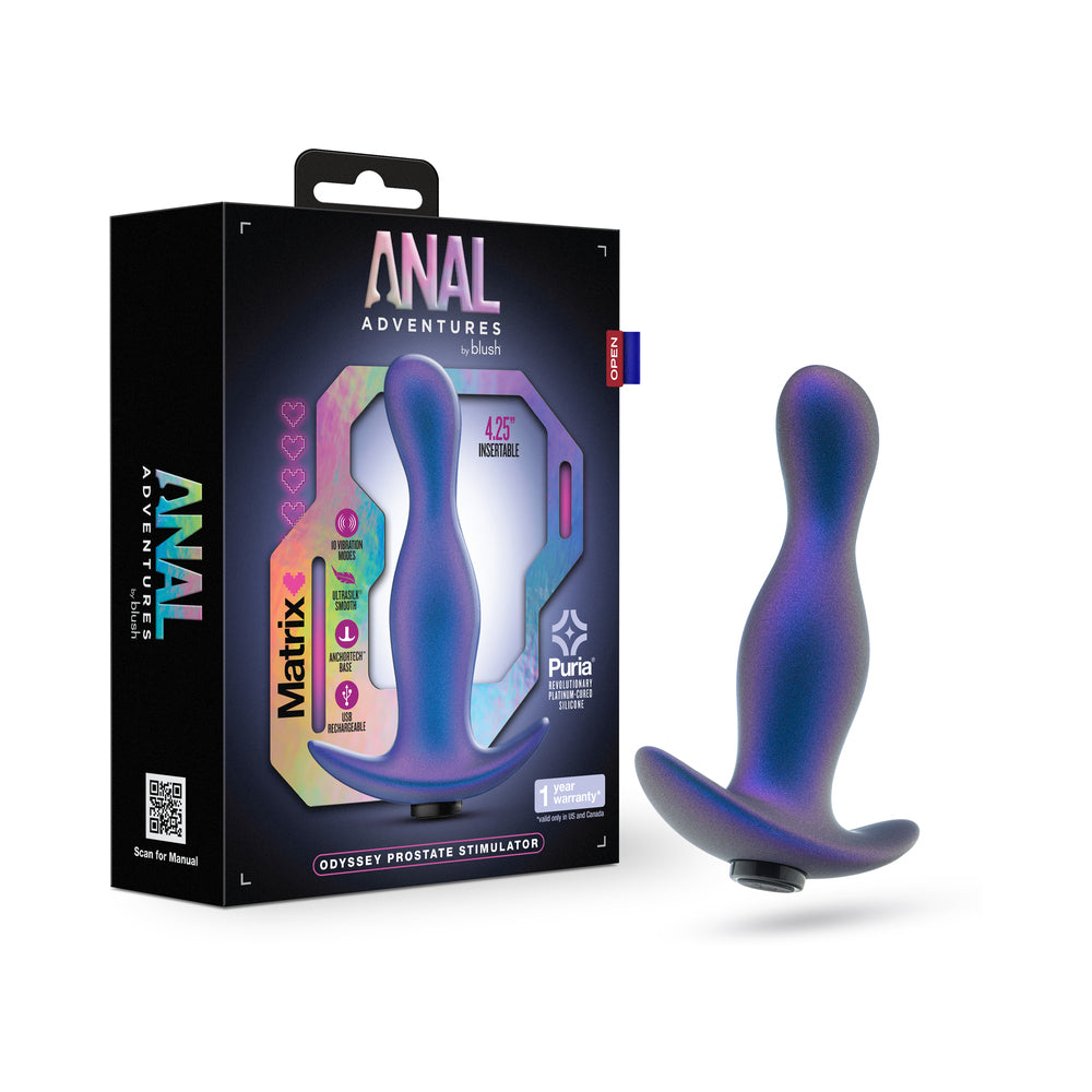 Anal Adventures Matrix Odyssey Prostate Stimulator Space Age Blue Anal Adventures Matrix Odyssey Space Age Blue plug curved blue plug beside black retail box