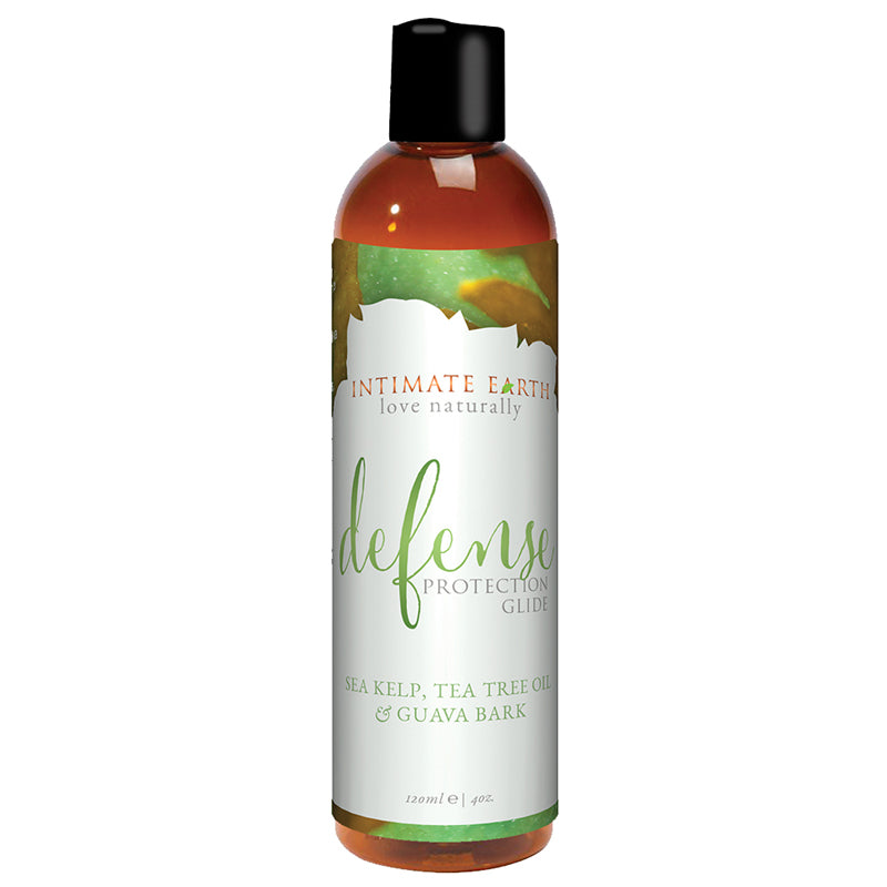 Intimate Earth Defense Protection Glide with Sea Kelp, Tea Tree Oil & Guava Bark 4 oz. Intimate Earth Defense 4 oz Glide tall amber bottle with green ingredient label