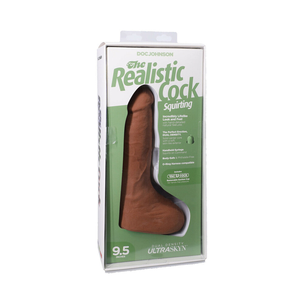 The Realistic Cock Squirting 9.5 in. ULTRASKYN Vac-U-Lock Dildo Caramel 9.5-inch caramel Realistic Cock Squirting ULTRASKYN dildo in green retail case