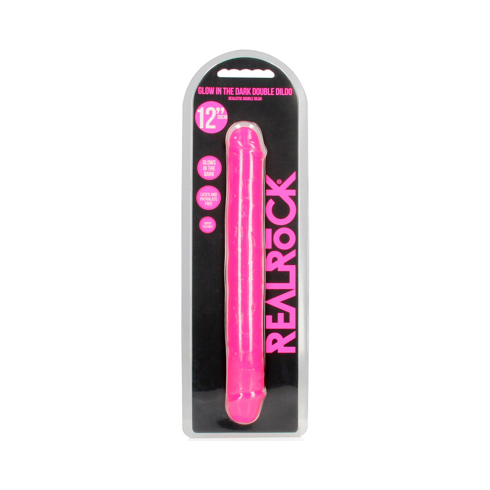 RealRock Glow in the Dark Double Dong 12 in. Dual-Ended Dildo Neon Pink RealRock neon-pink 12-inch double dong retail pack