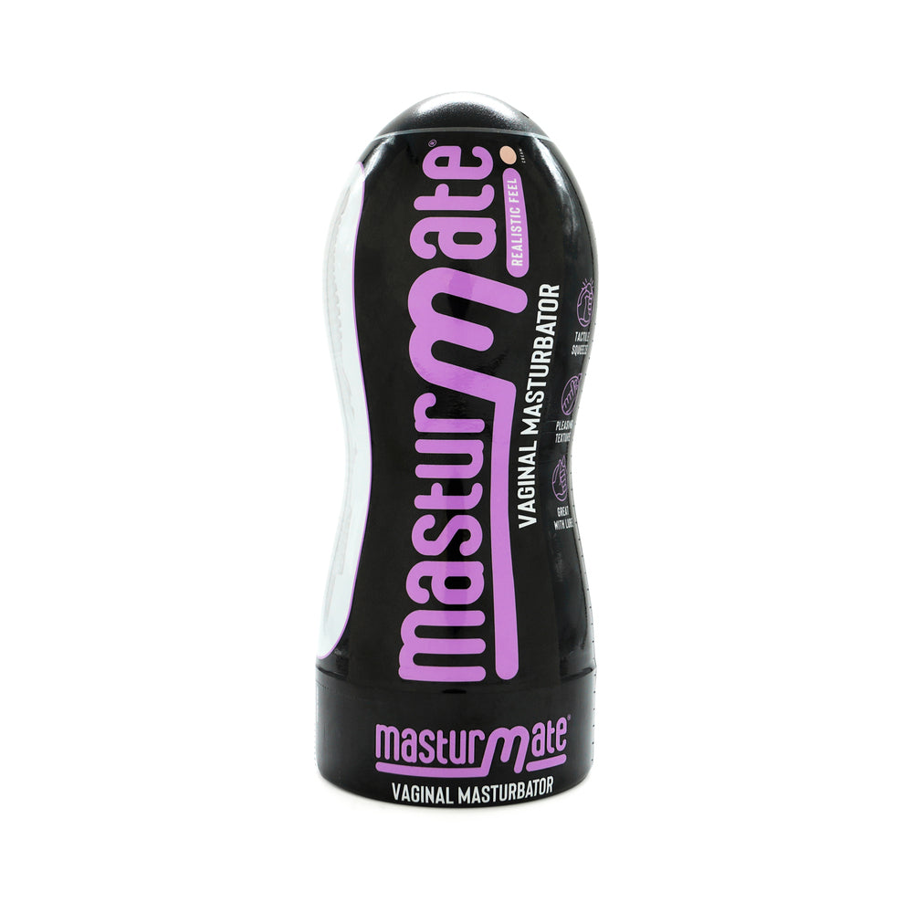 Masturmate Vaginal Masturbator Cream Front of black cream-variant Masturmate vaginal container with purple lettering