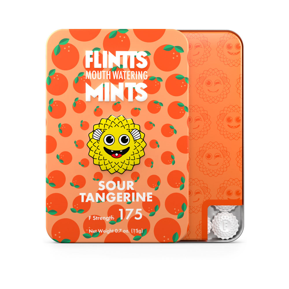 Flintts Mints Sour Tangerine - F Strength 175 Orange Flintts Sour Tangerine Mints F-Strength 175 tin with citrus pattern