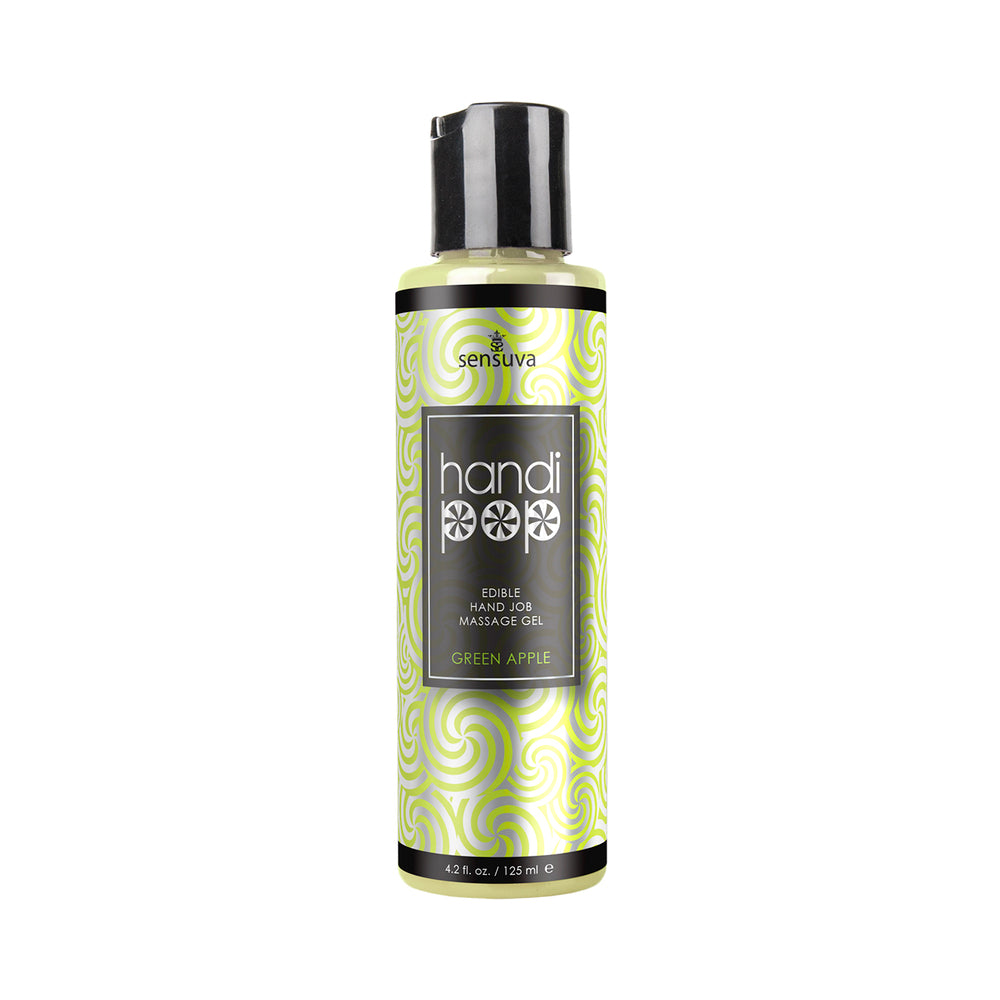 Sensuva HandiPop Edible Hand Job Massage Gel Green Apple 4.2 oz. Sensuva HandiPop Green Apple Gel black bottle with lime spiral label and black cap