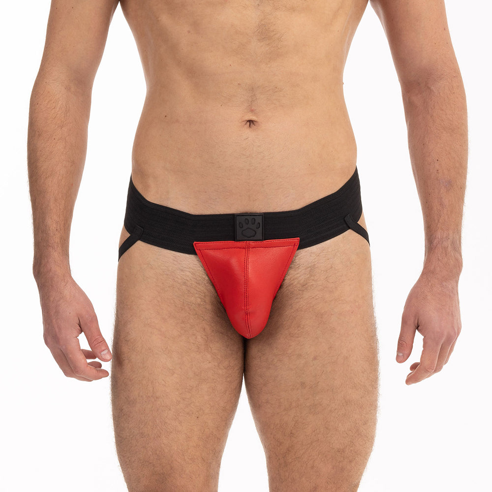 Prowler RED Pouch Jock Black/Red L Front view of large Prowler RED jock with red leather pouch