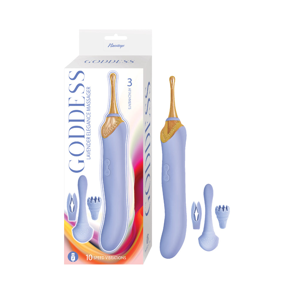 Goddess Lavender Elegance Massager Lavender lavender Nasstoys Goddess rechargeable massager with gold tip and three attachments
