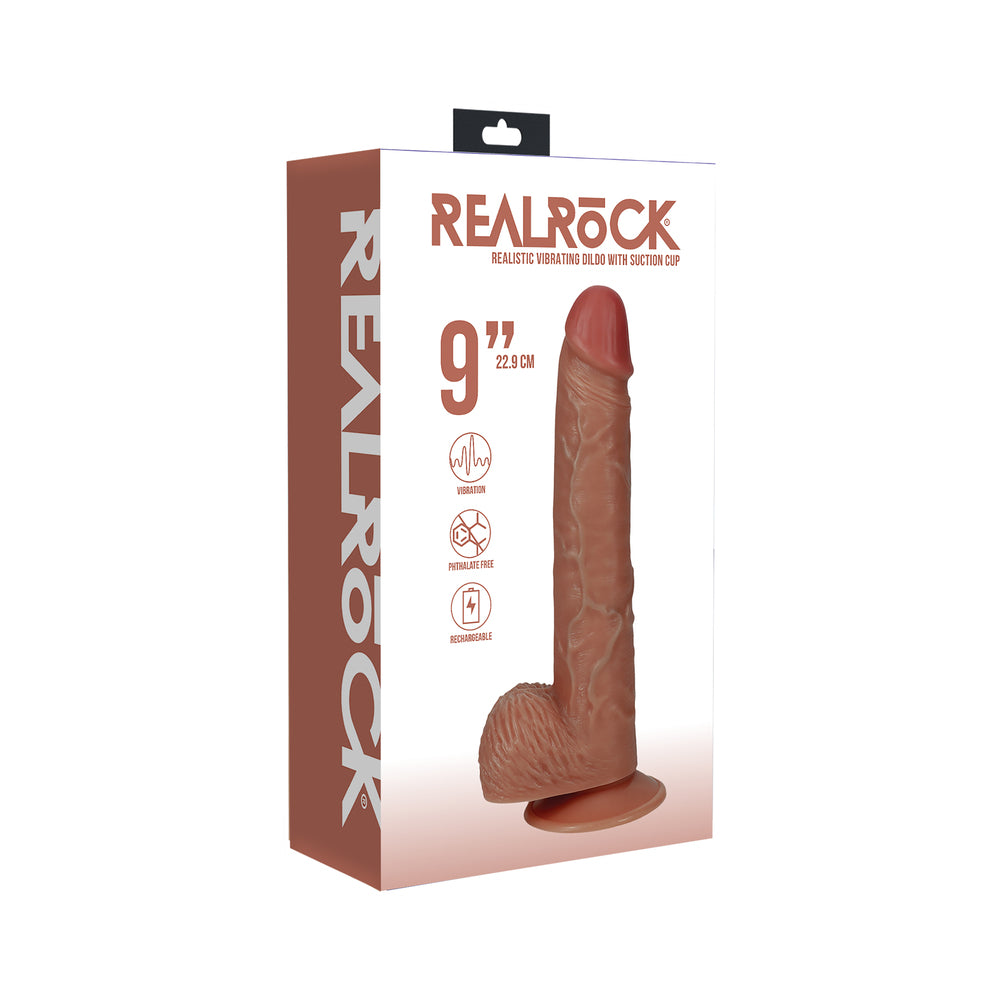 RealRock 9 in. Vibrating Cock with Balls Regular Straight Tan Shots RealRock tan 9-inch straight dildo product with balls pictured on retail box