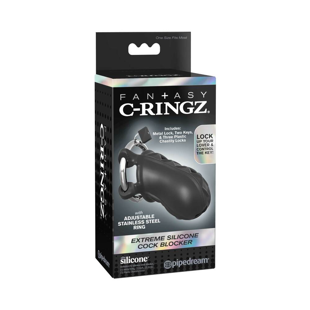 Fantasy C-Ringz Extreme Silicone Cock Blocker Locking Chastity Cage Black Fantasy C-Ringz Black Silicone Locking Cage black retail box front